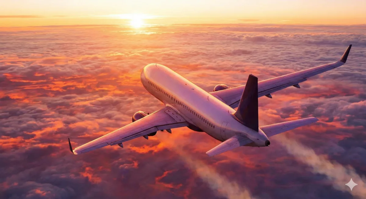 夕焼けの雲の上を飛ぶ飛行機